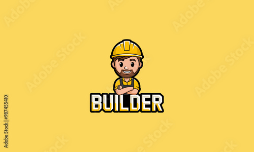 Smiling builder in hard hat with Builder text vector logo