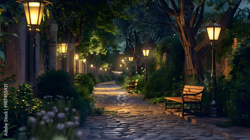 Cobblestone Path Illuminated by Street Lights at Night