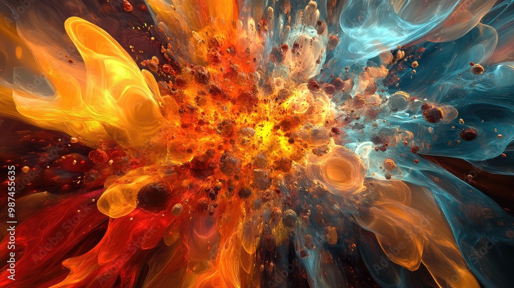 Obraz premium A 3D explosion of abstract fire, with vibrant flames bursting outward in a chaotic yet beautiful display.