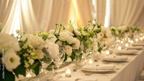 Elegant luxury dining experience with all white setup and floral centerpiece in soft lighting