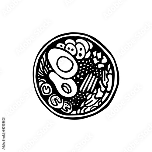 Black and white illustration of a bowl with healthy food, vegetarian menu.
