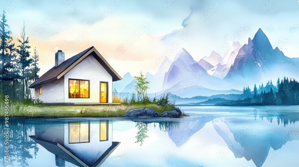 Fototapeta premium Serene Lakeside House with Mountain Reflection
