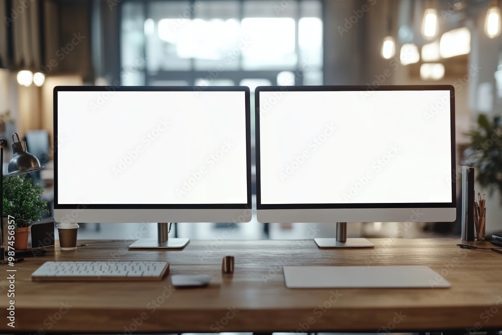 Fototapeta premium Modern Workspace with Two Blank Computer Screens