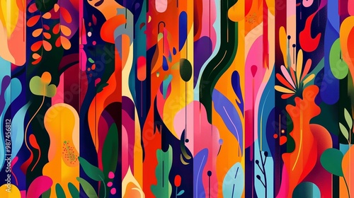 Colorful abstract mural with vibrant swirling patterns and organic shapes. photo