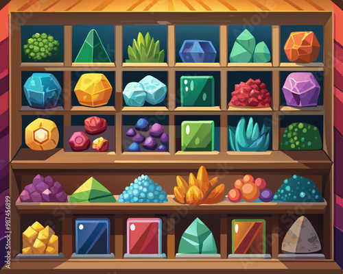 Cabinet filled with various shelves showcasing a variety of gemstones.