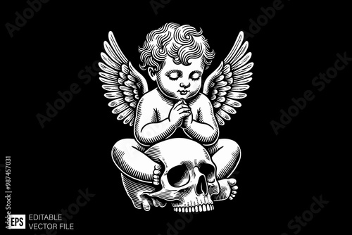 vintage cupid holding gun dark art style vector design black and white illustration