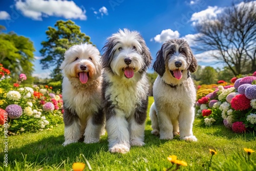 Adorable Sheepadoodle Dogs Playing in a Sunny Park Surrounded by Green Grass and Colorful Flowers photo