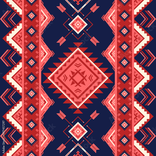 Geometric seamless pattern. Native American ornament. Ethnic South Western decor. Navajo tribal. Design for fabric, wallpaper, wrapping, Batik, Carpet and Clothing. Vector illustration.