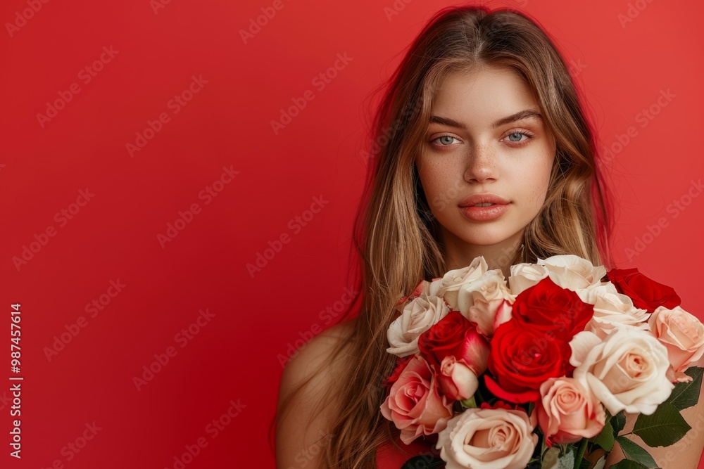 Beautiful young woman holding red roses on red background Beautiful young woman holding red roses on red background