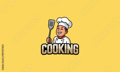 Happy chef holding a spatula with Cooking text vector photo