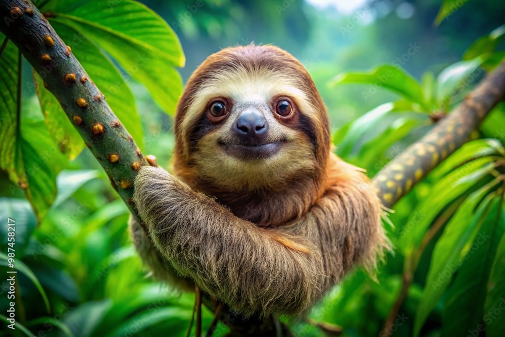 Adorable sloth hanging on a tree branch in a lush green rainforest with a playful expression Adorable sloth hanging on a tree branch in a lush green rainforest with a playful expression