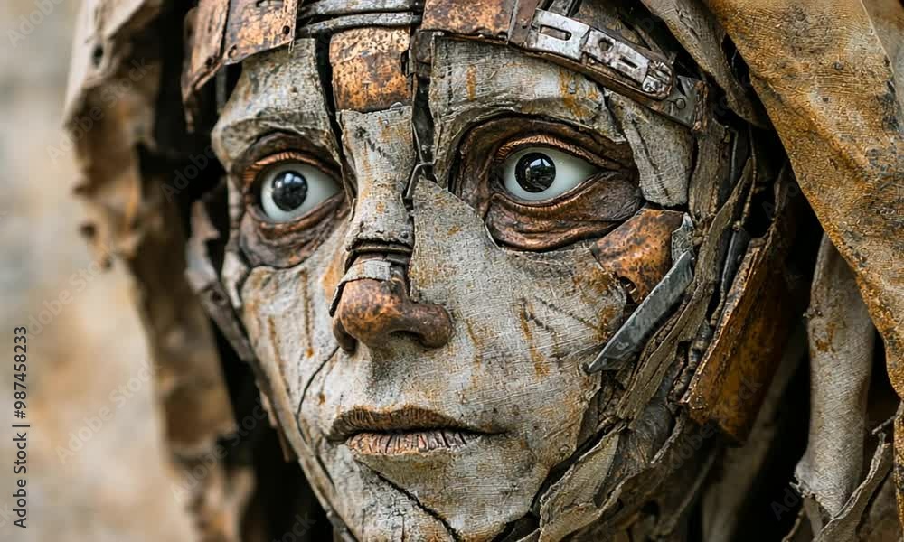 Close-up of a Metal Sculpture of a Human Face Close-up of a Metal Sculpture of a Human Face