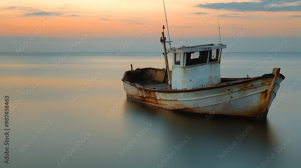 Weathered and abandoned fishing boat slowly sinking into the tranquil reflective waters of the sea a poignant symbol of forgotten dreams and the passage of time Weathered and abandoned fishing boat slowly sinking into the tranquil reflective waters of the sea a poignant symbol of forgotten dreams and the passage of time