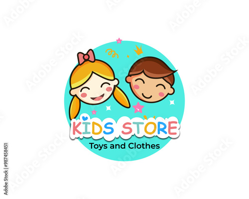 colorful kids logo design symbol  with cute boy and girl kids illustration