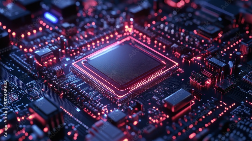 Closeup of a Circuit Board with a Glowing Red Processor: A Glimpse into the Heart of Modern Technology. Closeup of a Circuit Board with a Glowing Red Processor: A Glimpse into the Heart of Modern Technology.