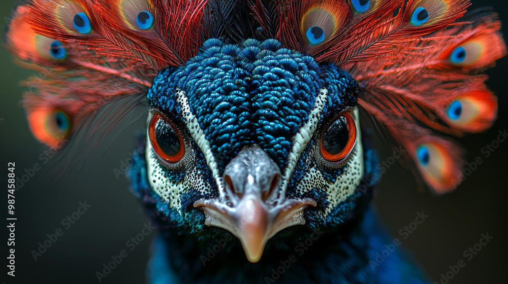 Obraz premium Close-up of a peacock's face with bright blue and red feathers.