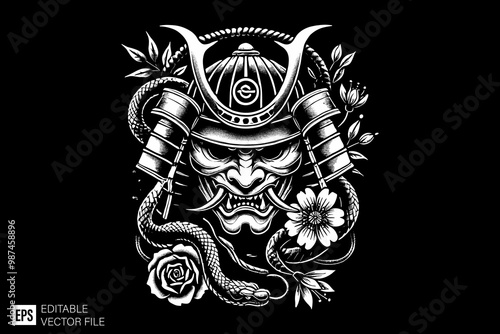 oni mask samurai dark art style vector design black and white illustration