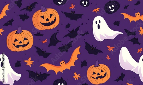 Halloween-themed seamless pattern featuring bats, pumpkins, and ghosts