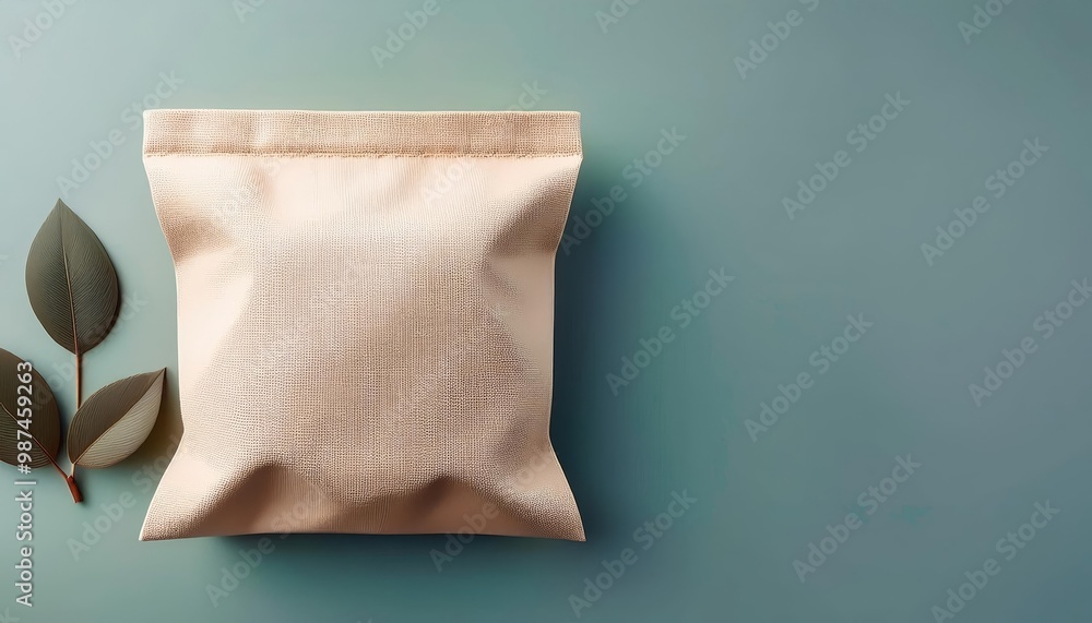 A stylish beige packaging bag with a leaf on a soothing teal background. A stylish beige packaging bag with a leaf on a soothing teal background.