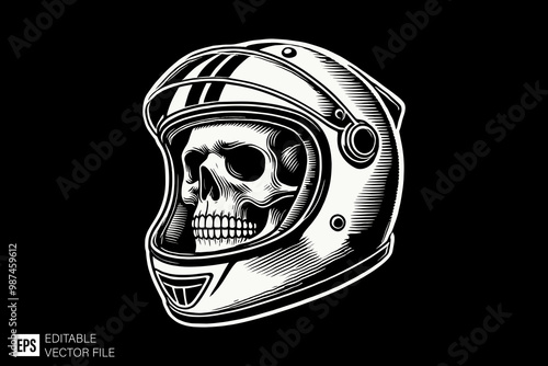 skull head wearing helmet dark art style vector design black and white illustration