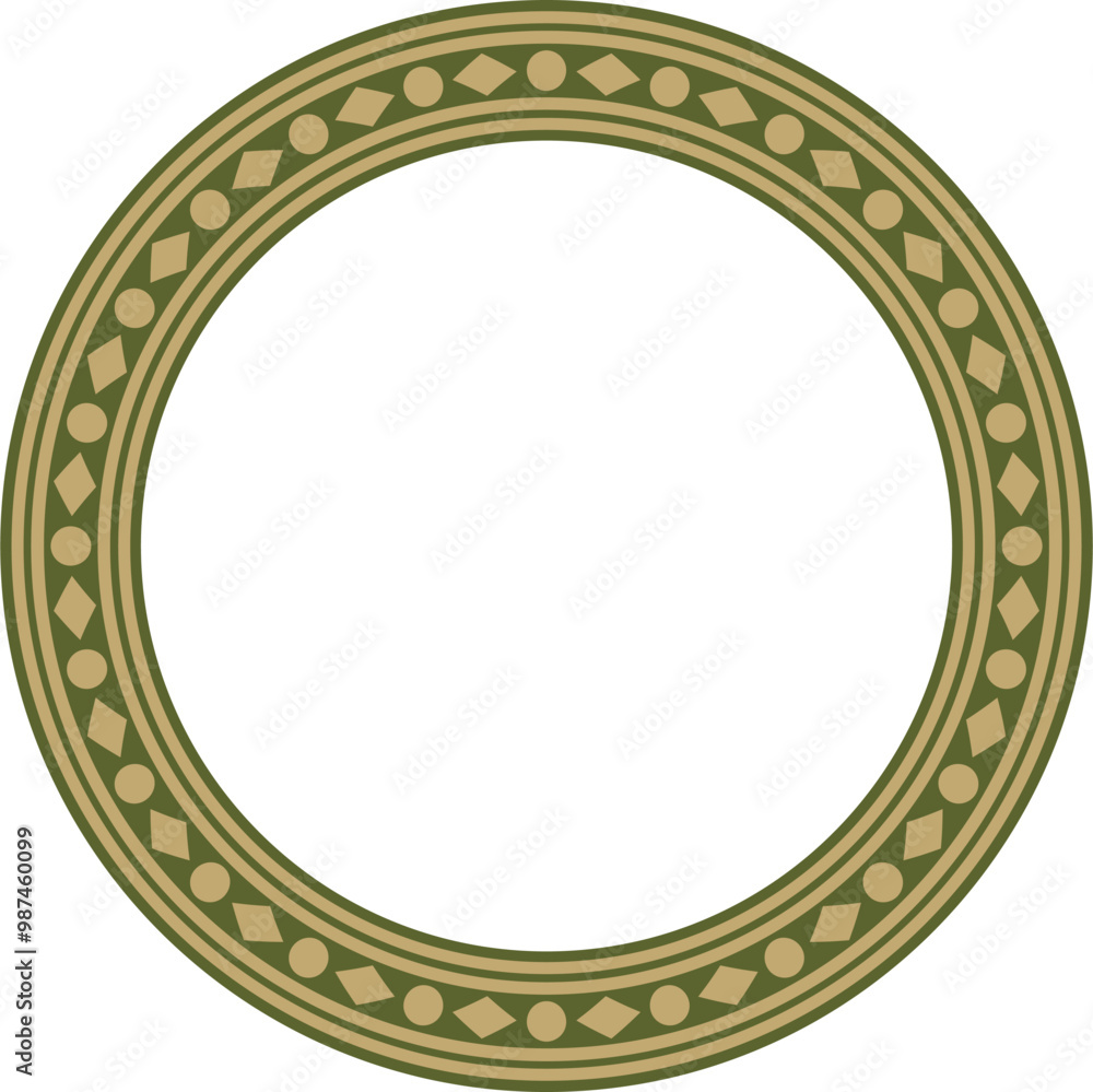 Vector round gold with green ancient Russian ornament. Slavic border, frame. Circle, ring. Painting of the royal chambers Vector round gold with green ancient Russian ornament. Slavic border, frame. Circle, ring. Painting of the royal chambers