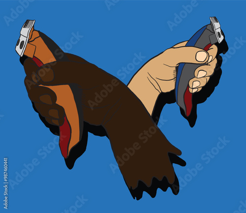 Two barbers holding hair clippers making v shape with hands