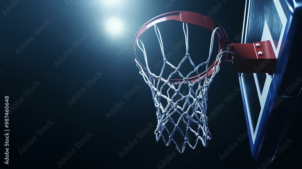 Closeup of basketball hoop on dark background. Basketball Day.
Closeup of basketball hoop on dark background. Basketball Day.