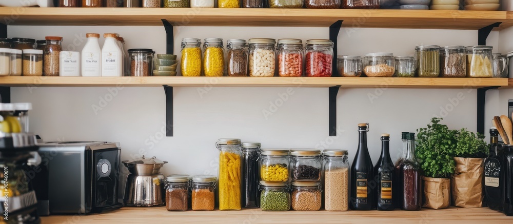 Organized Kitchen Shelf with Jars of Spices, Grains, and Cooking Essentials in a Modern Home Organized Kitchen Shelf with Jars of Spices, Grains, and Cooking Essentials in a Modern Home