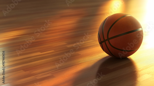 A close-up of a basketball on a polished wooden court, warm lighting reflecting off the surface. Basketball Day.