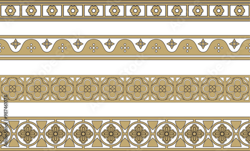 Vector black and gold set of gothic borders. Medieval European ornament. Classic pattern of the Germans, Angles, Saxons, Franks