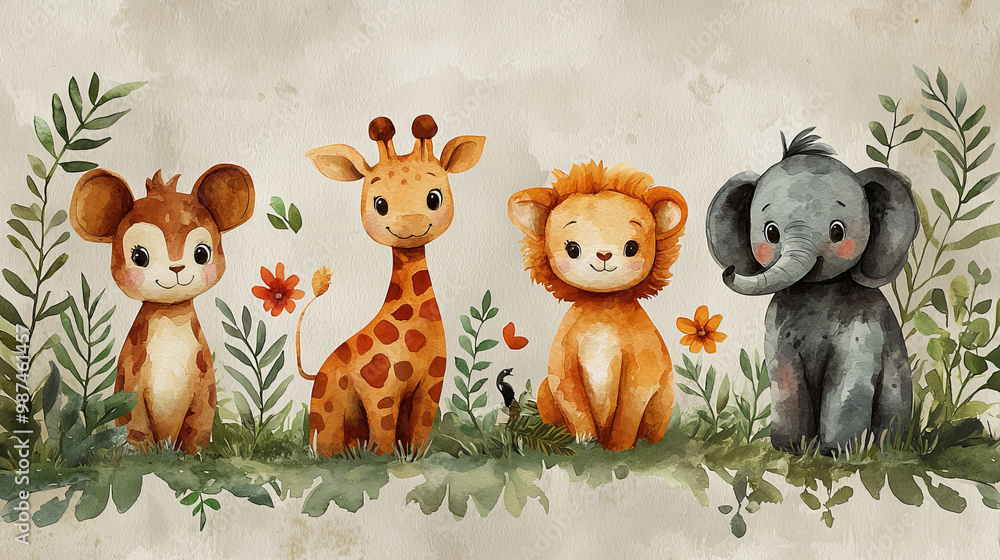 Fototapeta premium Cute cartoon animals in a watercolor style.