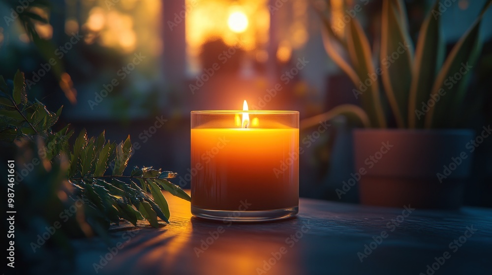 A glowing candle illuminates a serene indoor setting at sunset. A glowing candle illuminates a serene indoor setting at sunset.