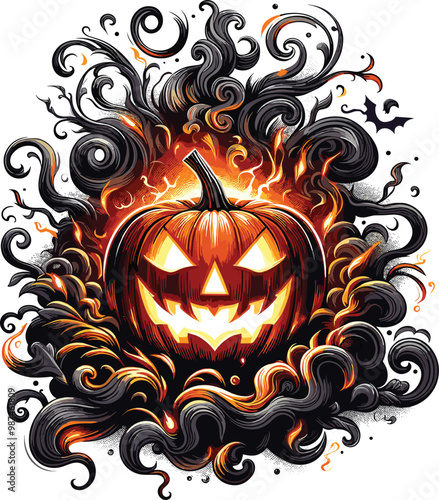 Adobe Illustrator Artwork Halloween vector illustration showcasing a jack-o'-lantern pumpkin adorned with traditional carved features like a toothy grin and triangle eyes