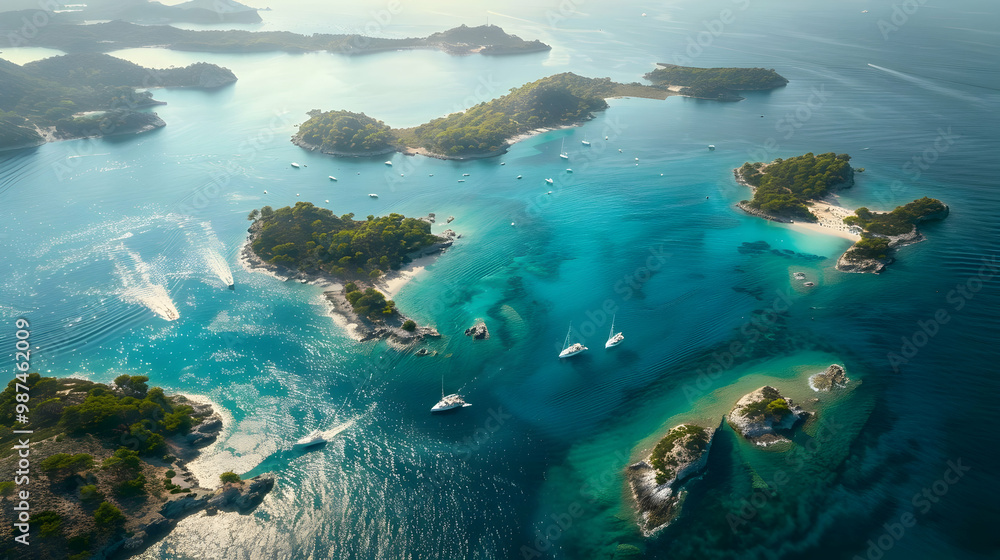 Aerial View of Tropical Islands with Azure Waters and Sailing Boats Aerial View of Tropical Islands with Azure Waters and Sailing Boats