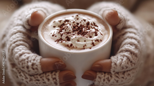 Warm Embrace: Hands Holding an Elegant Cup of Hot Cocoa