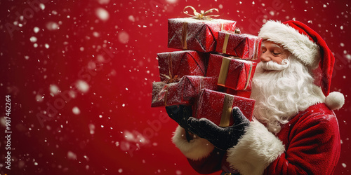 Santa claus stands in front of a vibrant red background, holding christmas presents as snowflakes fall around him, evoking holiday magic and joy