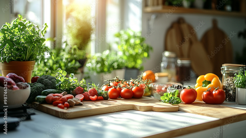 Different healthy food on white table with blur kitchen. Healthy food concept. Different healthy food on white table with blur kitchen. Healthy food concept.