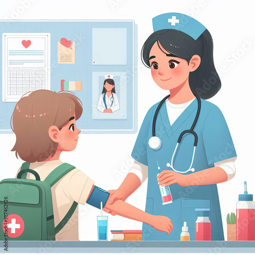 Nurse helps student. Character worries about child at school. Concept of support, help, care