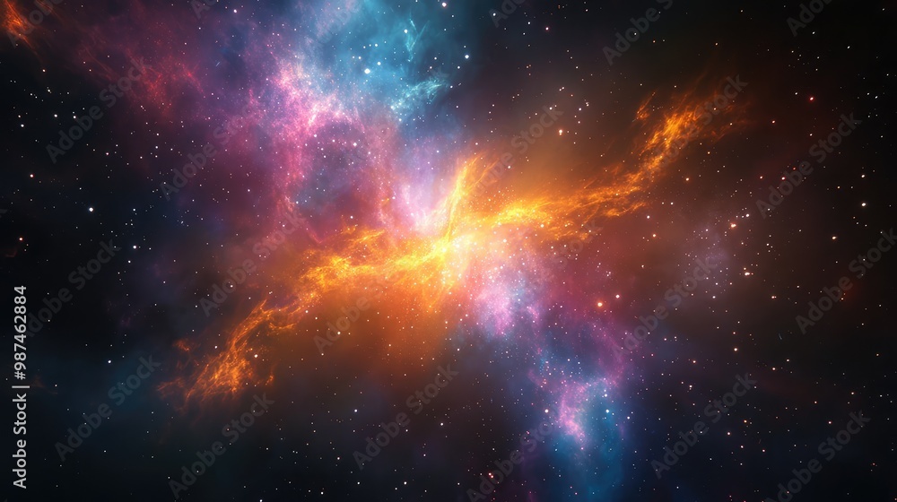 Fototapeta premium A glowing 3D nebula expanding through space, casting colorful light across a distant galaxy.