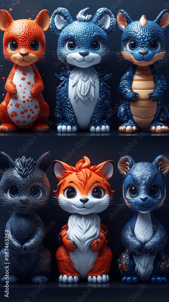 Fototapeta premium Cute cartoon animal figurines in various colors and poses.