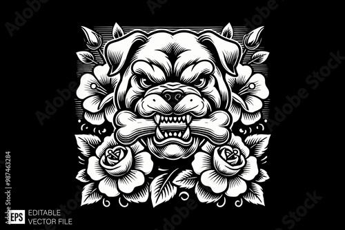 bulldog tattoo ideas dark art style vector design black and white illustration
