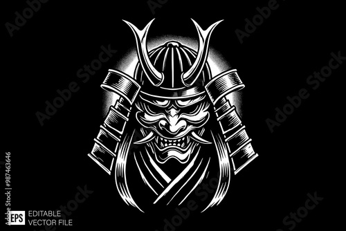 oni mask samurai dark art style vector design black and white illustration