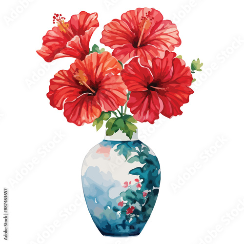 chinese traditional flower vase with red hibiscus in watercolor
