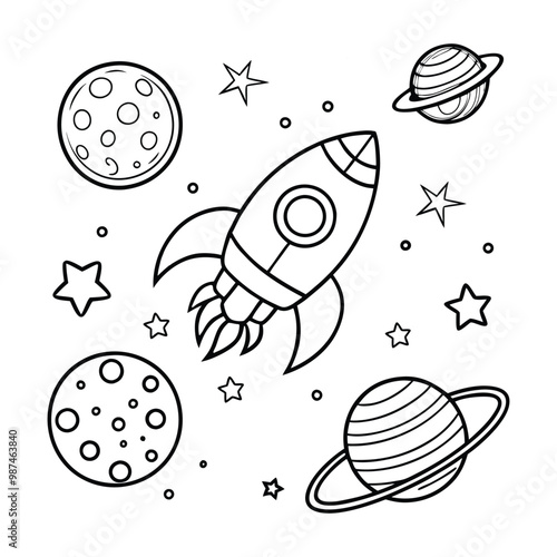 rocket in space around planets coloring page for kids