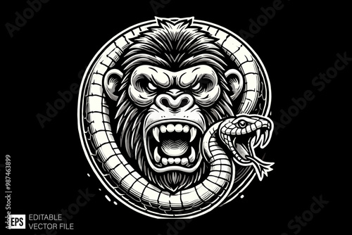 angry ape dark art style vector design black and white illustration
