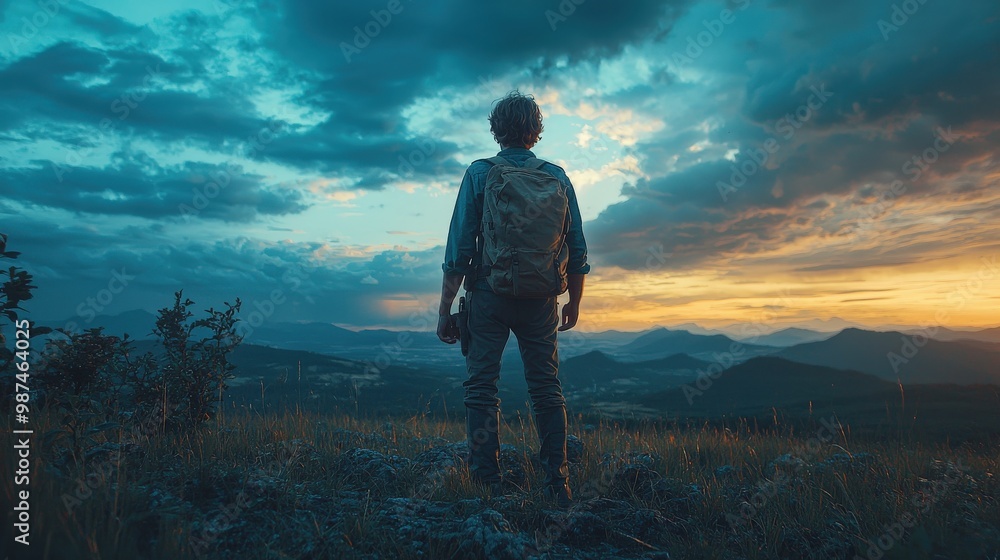 Young Explorer at Sunset on the Mountain Frontier Young Explorer at Sunset on the Mountain Frontier