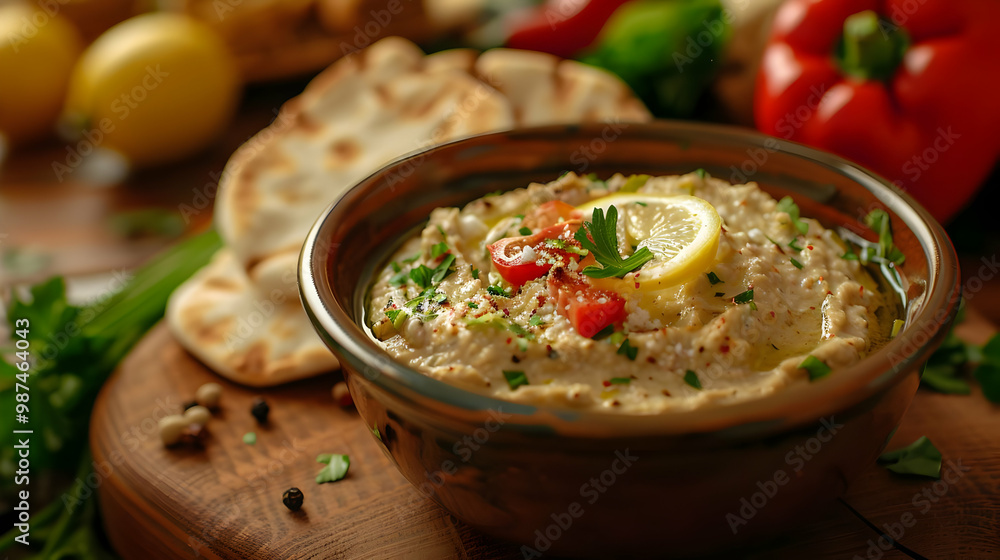 Delicious Hummus with Pita Bread and Fresh Toppings Delicious Hummus with Pita Bread and Fresh Toppings