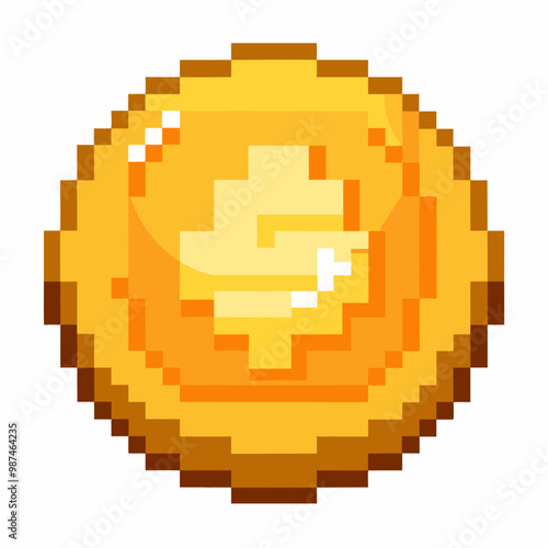 Pixel Art Golden Coin Isolated on White Background   Retro Gaming Currency Symbol