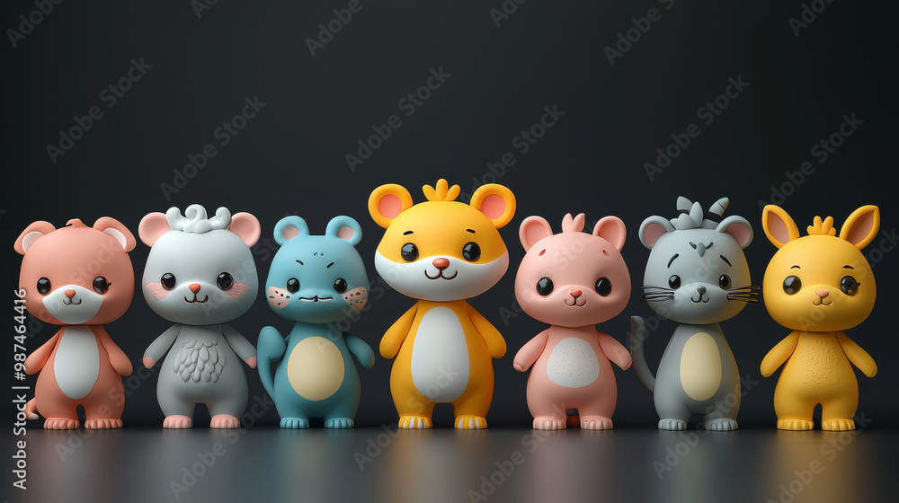 A row of adorable cartoon animal figurines. A row of adorable cartoon animal figurines.