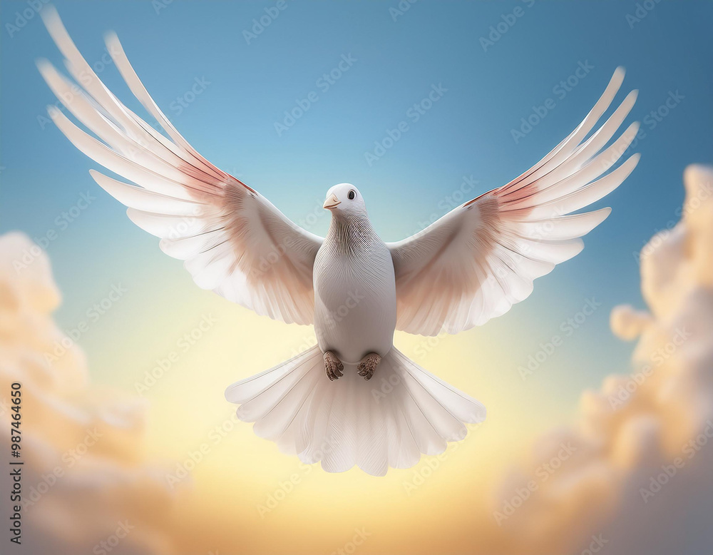 Fototapeta premium Dove in the air with wings wide open in-front of the sky. 